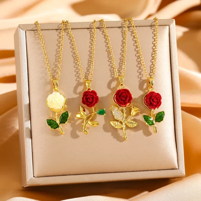 Stainless Steel Chain Vintage Red Rose Flower Pendant Necklaces for Women Girls Y2k Elegant Jewelry Accessories Gifts for Lover