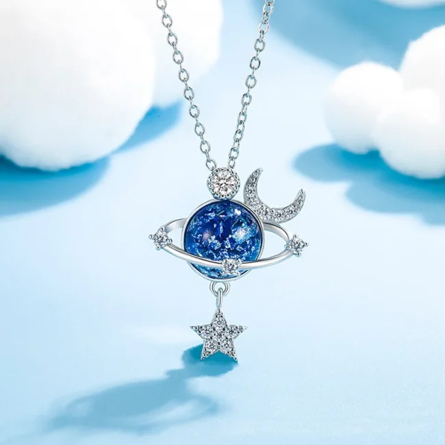 Elegant Blue Planet Star Moon Pendant Necklace For Women Exquisite Zircon Choker Clavicle Chain Necklace Korean Fashion Jewelry