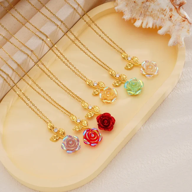 Vintage Colorful Resin Rose Flower Necklace for Women Girls Gold Color Stainless Steel Chain Zircon Leaf Charm Jewelry Gifts